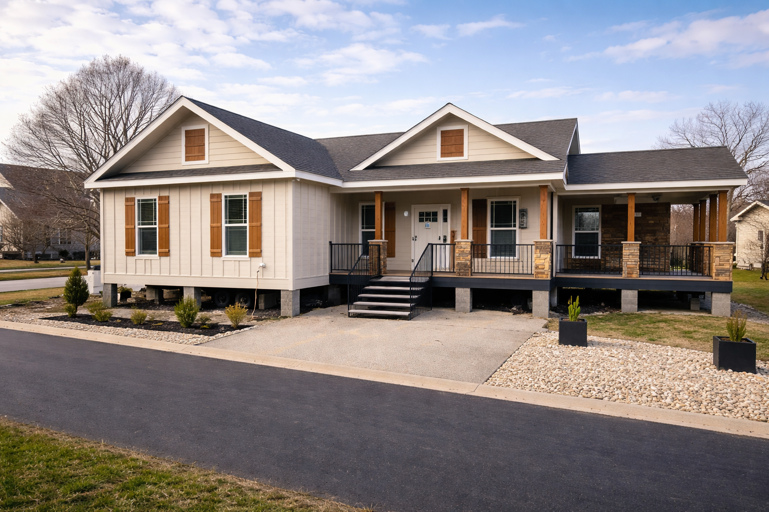 Single-story modern house with white siding, wooden shutters, and stone pillars on the porch. Set in a suburban neighborhood under a blue sky.