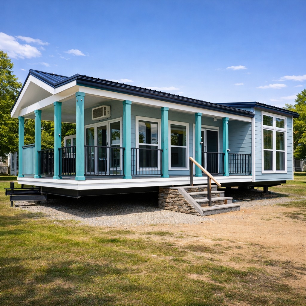 A modern tiny house with blue siding and teal columns sits elevated on a grassy lot. Large windows and a small porch create an inviting, bright look.