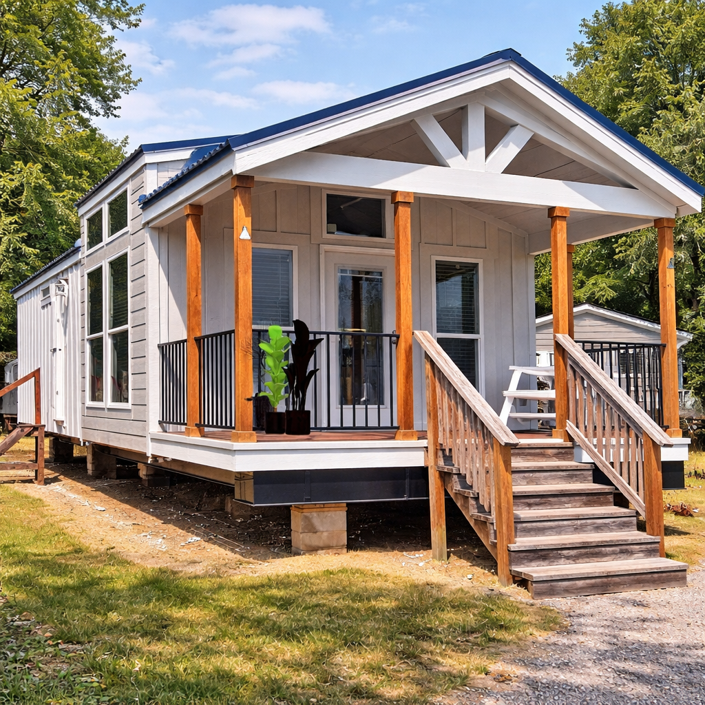 A modern tiny house with a wooden porch, large windows, and a pitched roof. Surrounded by green trees, it conveys a cozy and inviting atmosphere.
