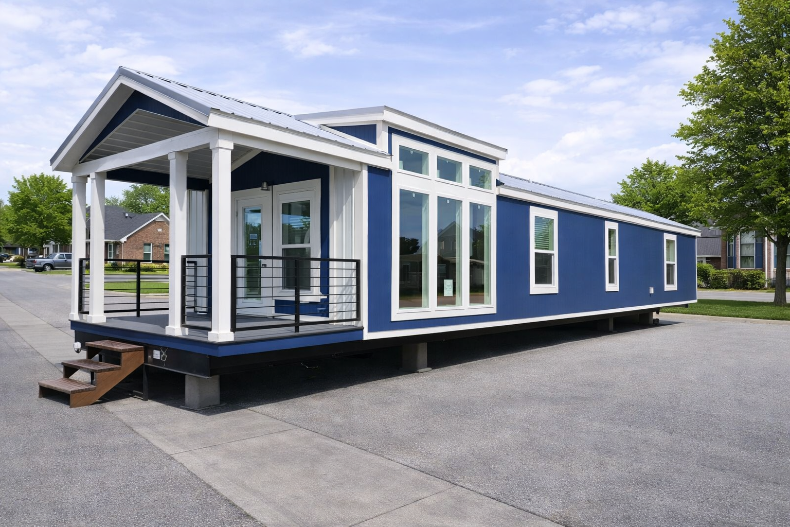 A modern blue tiny home with large windows and a small porch sits on a paved area. The sky is clear, and trees line the background, conveying serenity.