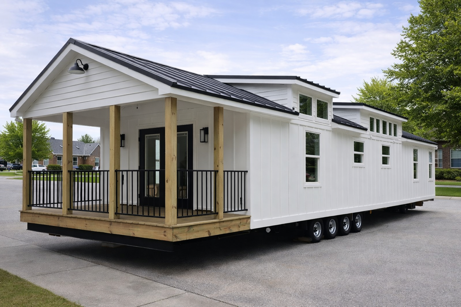 White modern tiny house on wheels with a front porch, black railing, and multiple windows. Set in a suburban area, the scene conveys mobility and innovation.
