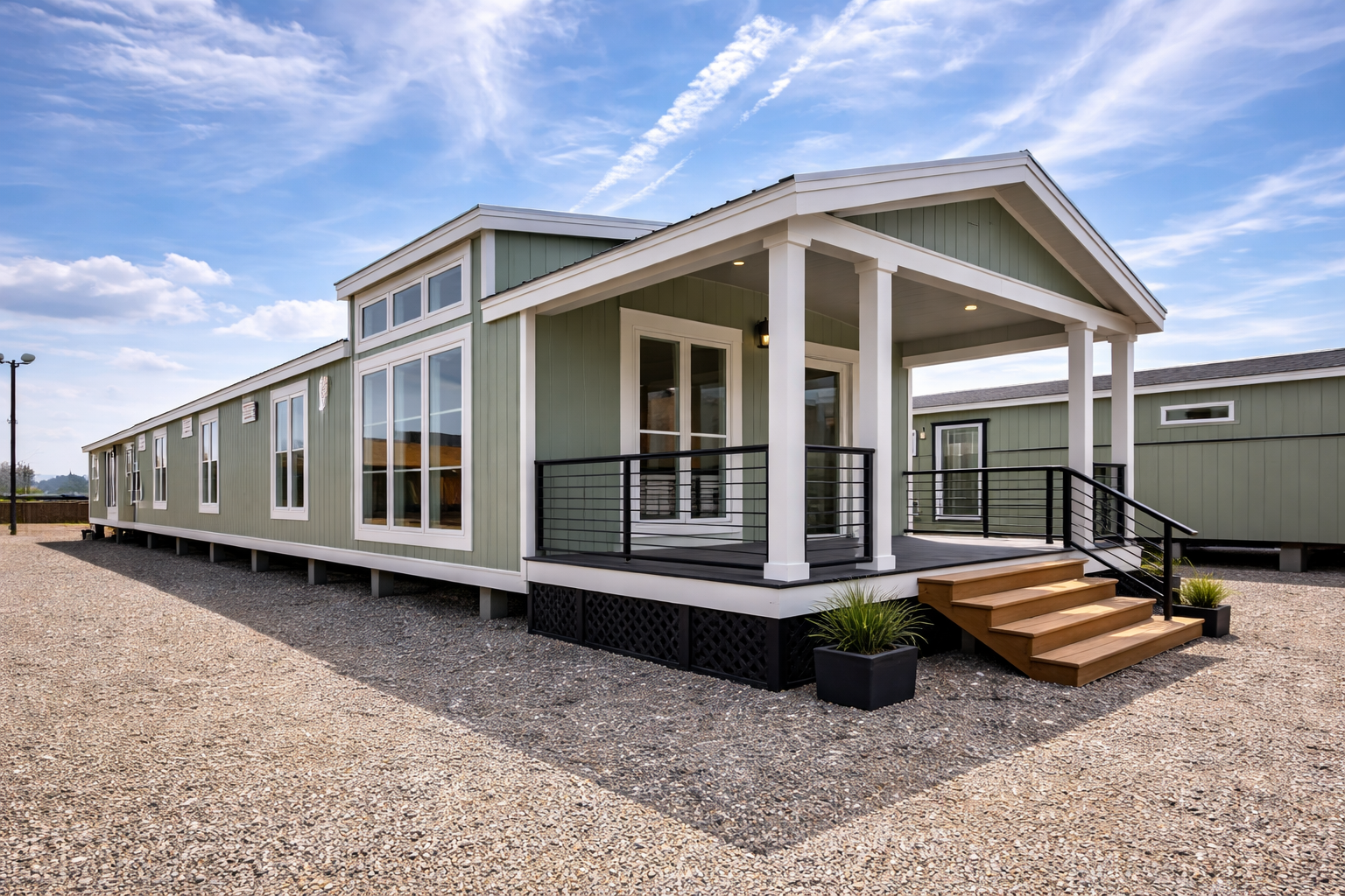 A modern green manufactured home with a white-trimmed porch and wide steps under a bright blue sky. The setting is open and spacious, conveying tranquility.