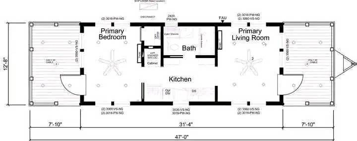 Floor plan of a rectangular house: Primary Bedroom and Living Room on ends with decks, a central Kitchen and Bath, labeled dimensions in feet.