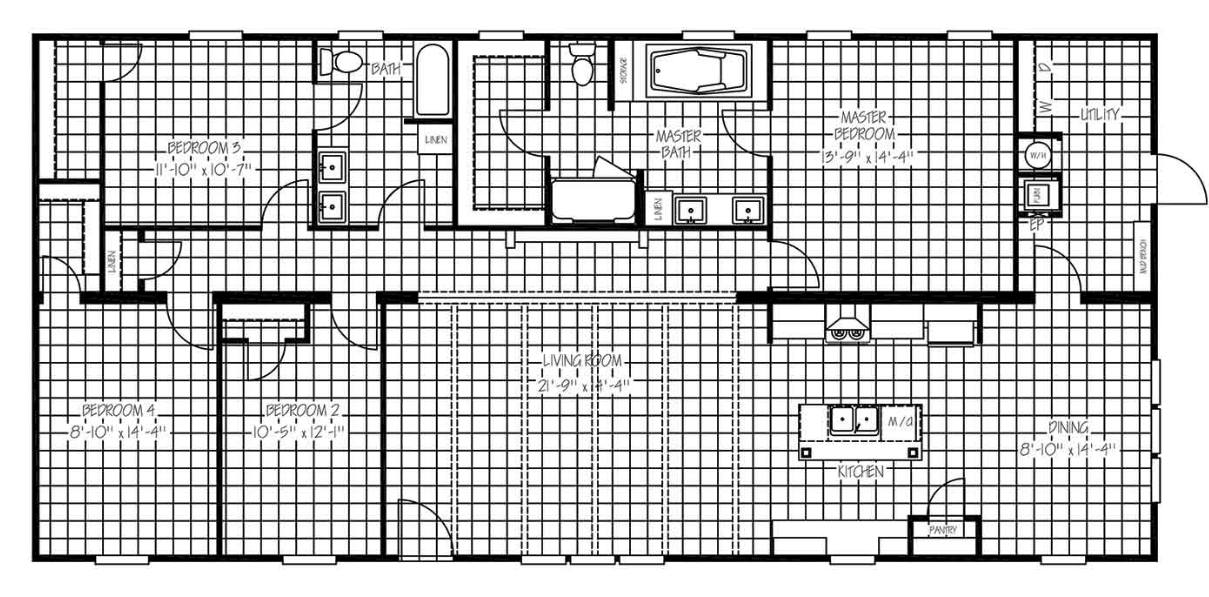 Floor plan of a house with three bedrooms, kitchen, dining, living room, two bathrooms, and utility room. Each room is labeled with dimensions.