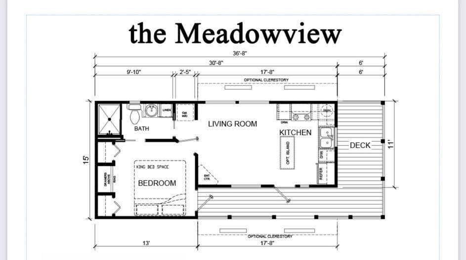 Floor plan titled "The Meadowview" featuring a living room, kitchen, bedroom, bath, and deck. Dimensions: 36'8" x 13'. Optionals include clerestory.
