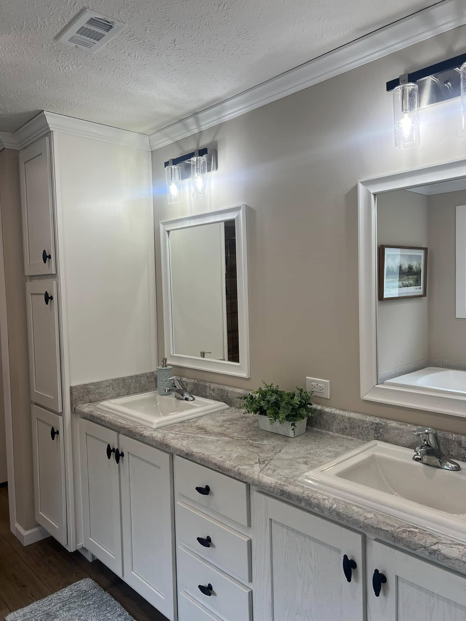 A modern bathroom features a double vanity with two sinks, white cabinets, and marble countertop. Two mirrors are above the sinks, each with overhead lighting. A small green plant adds a touch of nature.
