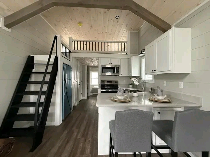 Modern tiny house interior with a vaulted ceiling, featuring a compact kitchen with white cabinets, a breakfast bar, and dark wood floors. A loft area and black ladder enhance the cozy yet elegant ambiance.