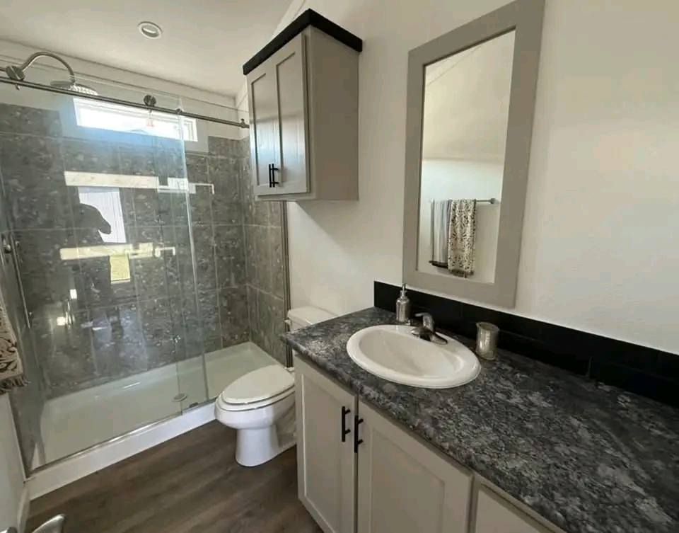 Modern bathroom with gray cabinetry, marble countertop, and a large mirror. Glass shower door reveals marbled tiles, creating a sleek, clean look.