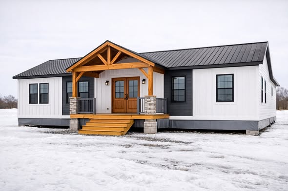 A modern white house with a black metal roof, wooden porch, and stone pillars sits on a snowy landscape, conveying a cozy, welcoming feel.