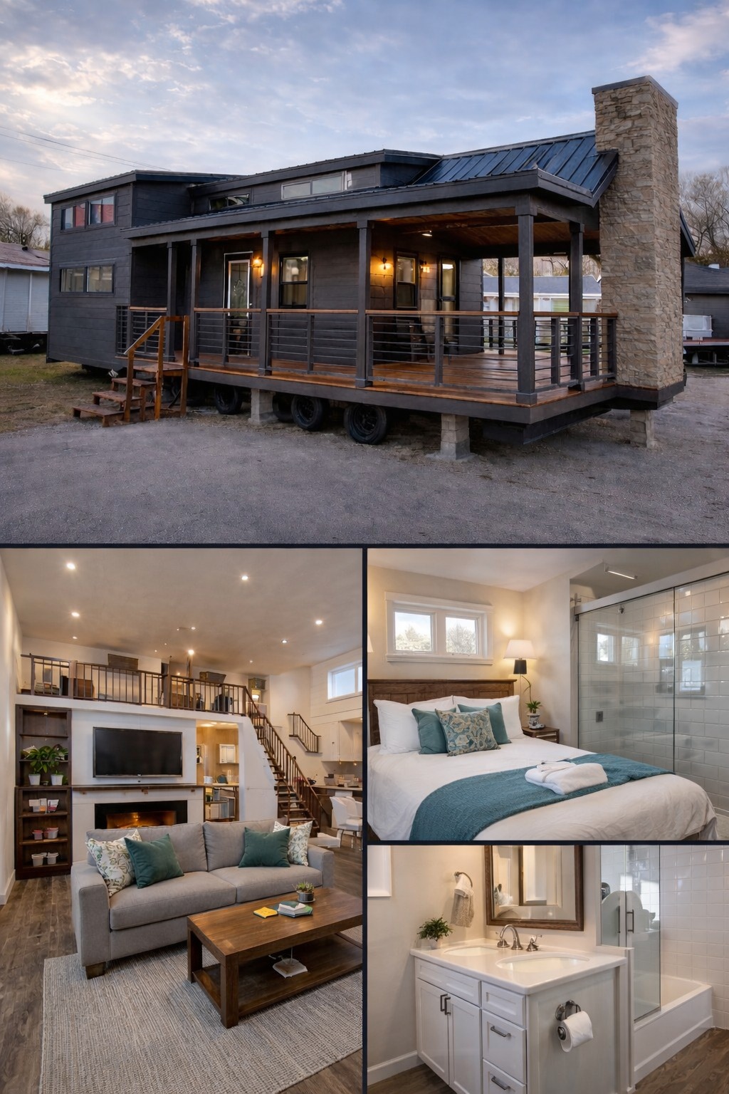 Collage of a modern tiny house: exterior shows a porch and stone chimney; interior images include a living room, cozy bedroom, and sleek bathroom.