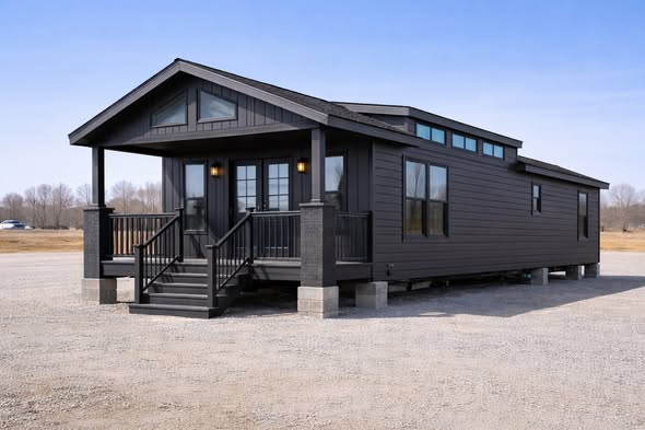 A modern black tiny house with large windows and a porch on a gravel lot. It exudes a sleek, minimalist style with a clear blue sky above.