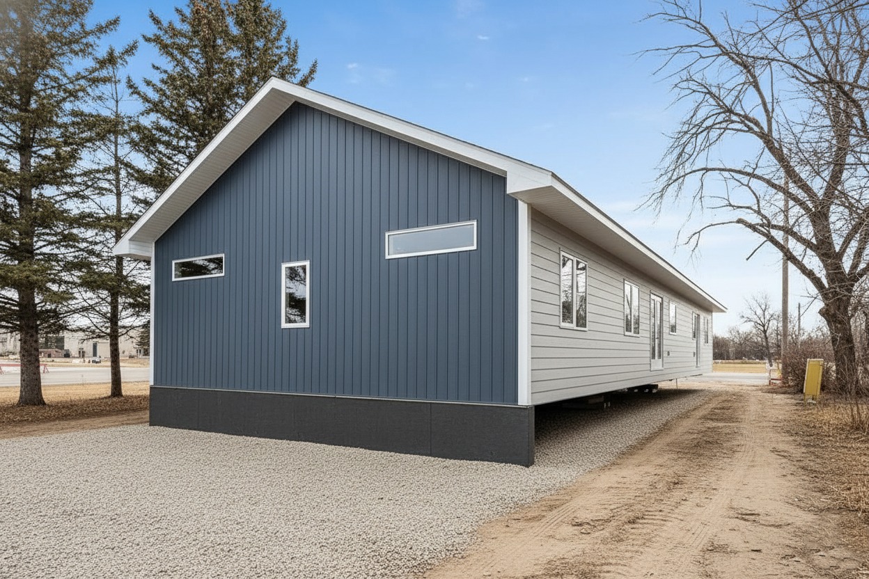 A modern modular home with a dark blue and white exterior sits on a gravel lot, surrounded by leafless trees under a clear blue sky.