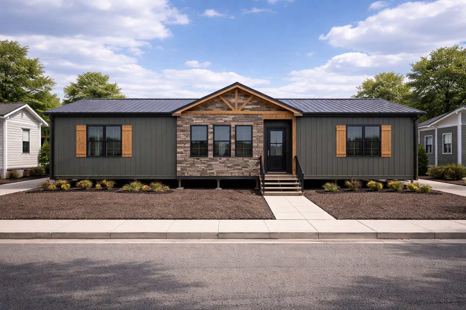 A modern, single-story house with dark siding and stone accents. It features large windows and a central entrance, surrounded by neatly arranged shrubs under a partly cloudy sky.