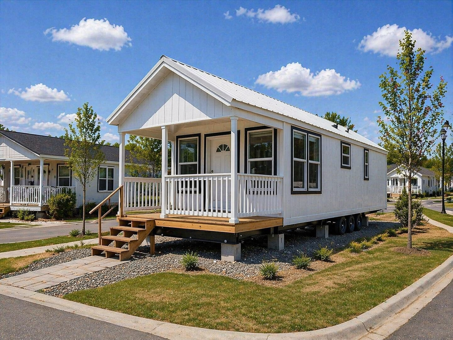A small, white mobile home with a front porch sits on a sunny street. It has a pitched roof, steps, and is set among green lawns and young trees.
