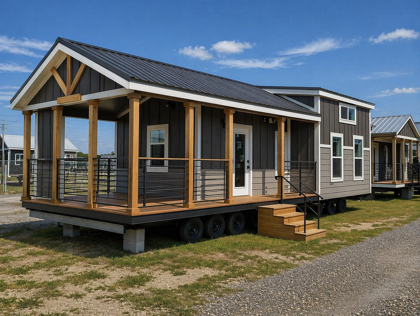 A modern tiny house on wheels featuring a gray exterior with a white-trimmed roof, wooden porch, and large windows, set under a clear blue sky.