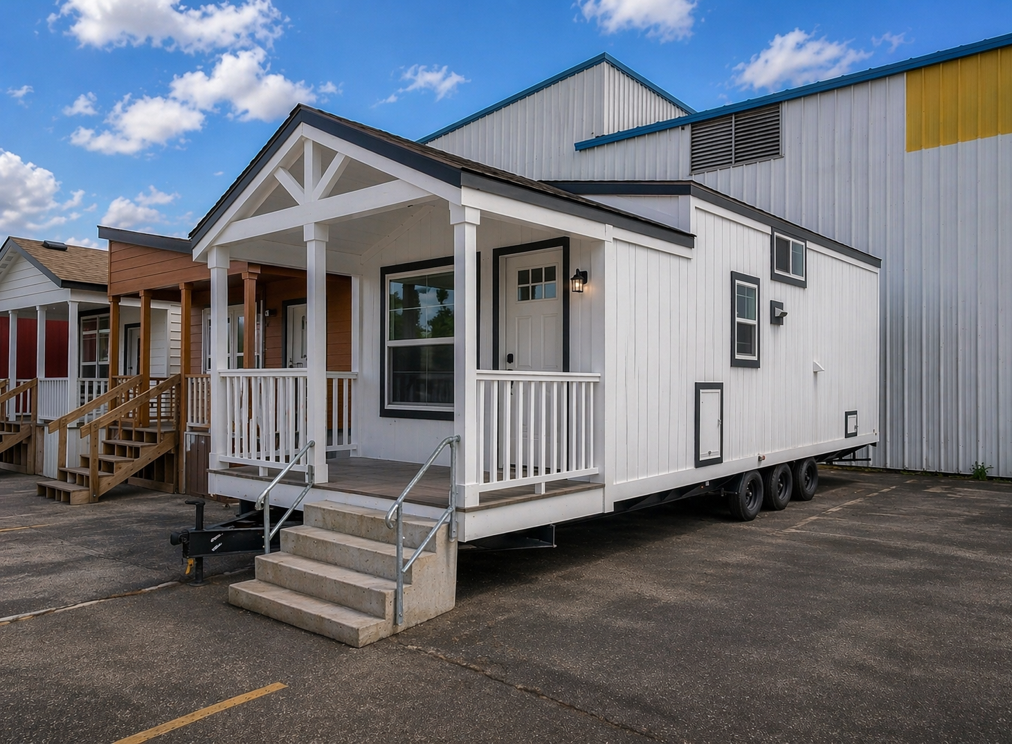 Tiny white house on wheels with a gabled porch, steps, and railings, parked on an asphalt lot. Blue sky and clouds in the background.