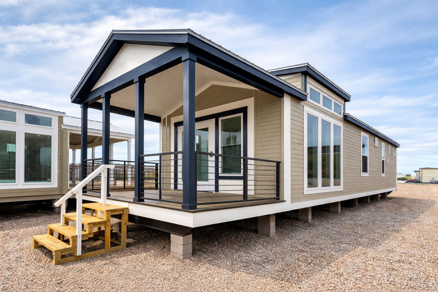 A modern modular home sits on gravel, featuring large windows and a small porch with dark railing. The sky is clear, conveying openness and comfort.