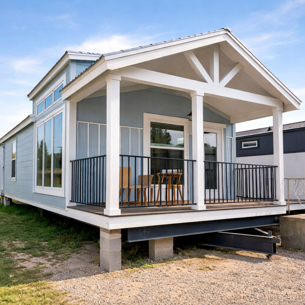 Small blue manufactured home with a white porch, black railings, and two wooden chairs. It sits on a gravel path, under a clear blue sky.