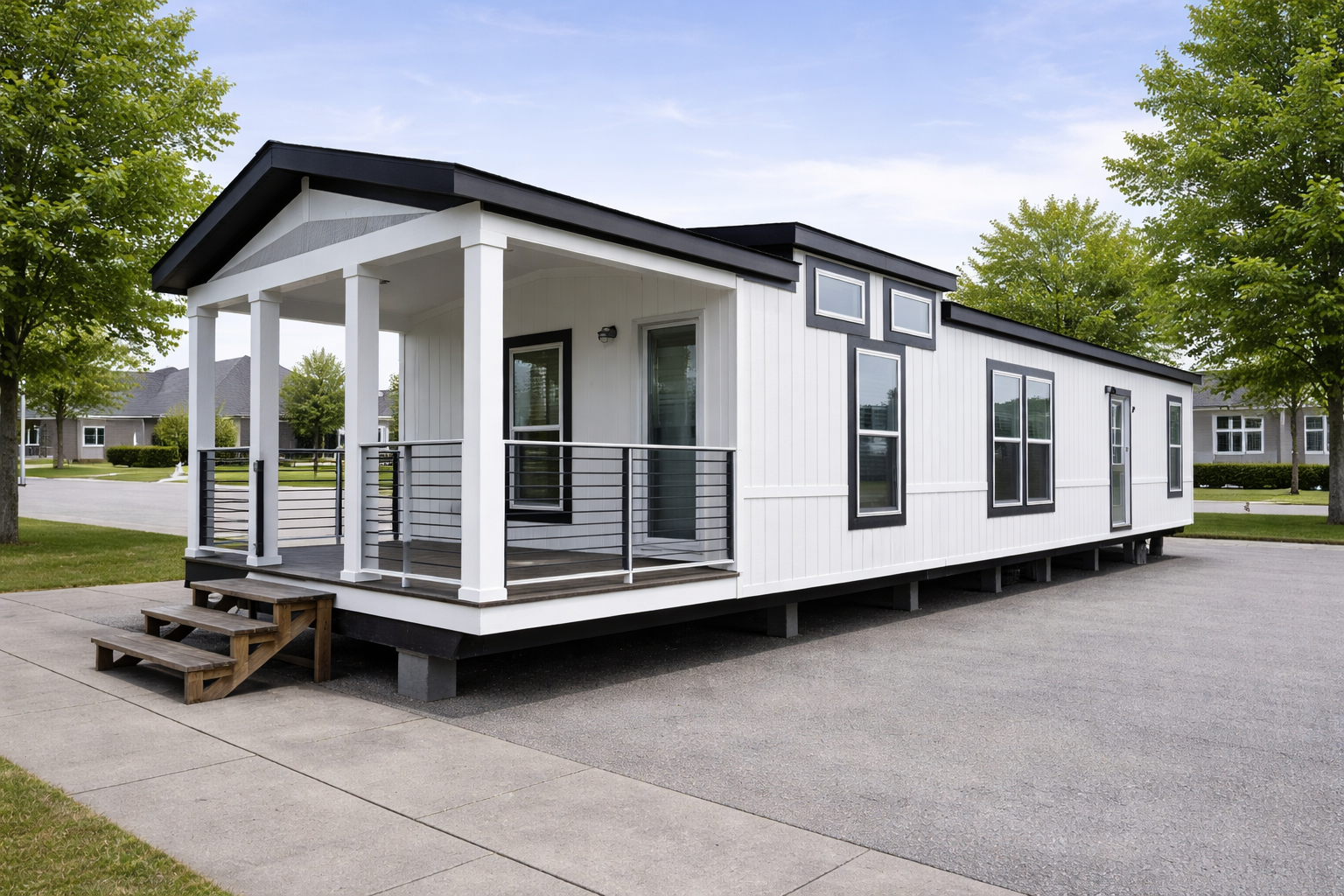 A modern white manufactured home with a small porch and black trim is set in a suburban area. Surrounding it are green lawns and trees under a clear blue sky.