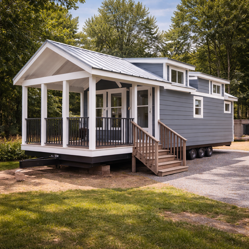 A compact blue tiny house with a gabled roof and porch sits on wheels. Surrounded by lush greenery, its inviting vibe hints at cozy, mobile living.