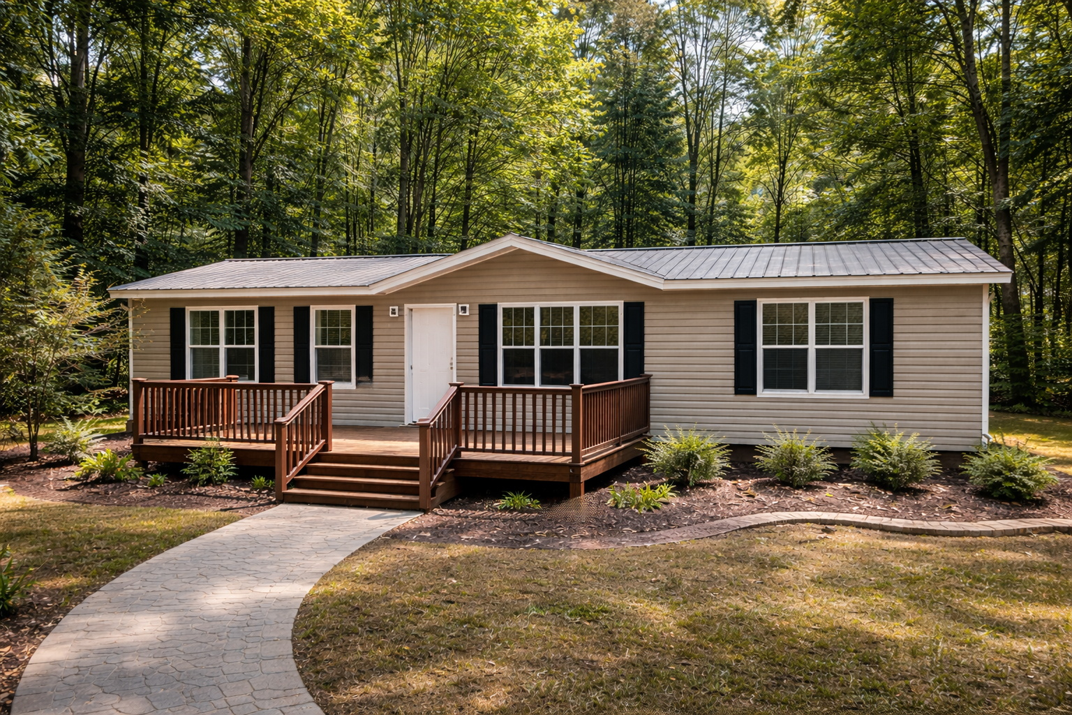 Small beige house with dark shutters, surrounded by lush green trees. A curved path leads to a wooden porch, evoking a peaceful, welcoming vibe.