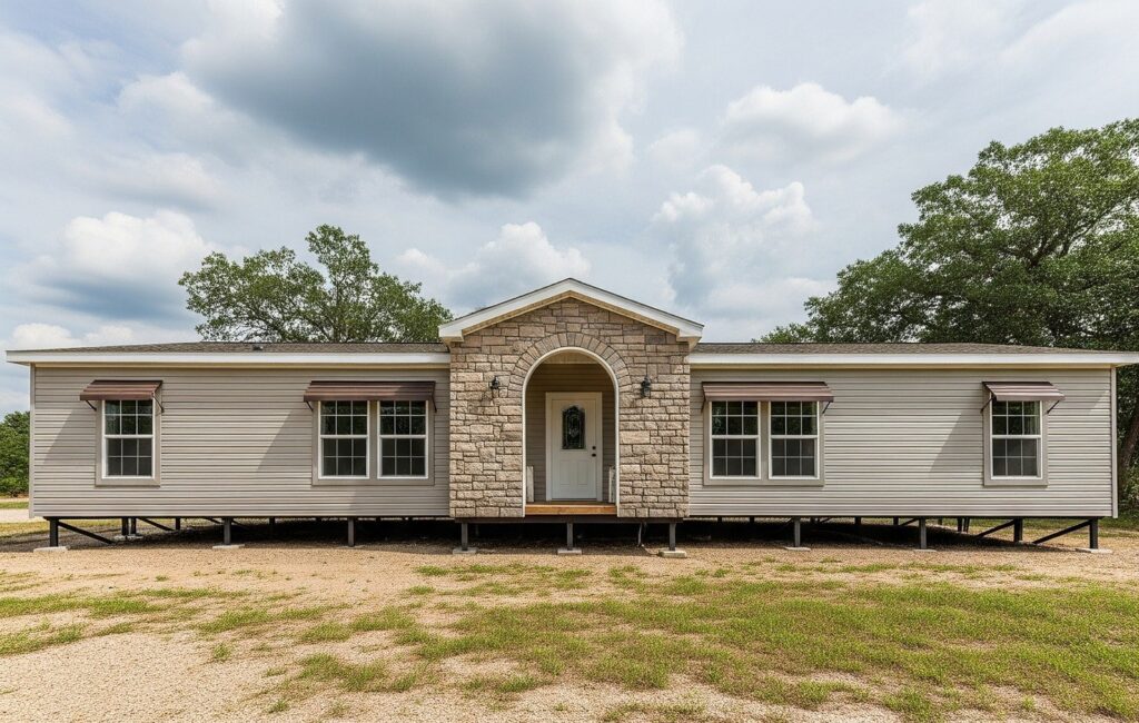 A modular home with light gray siding and a central stone archway, set on a grassy plot under a cloudy sky. Large windows flank the entrance.