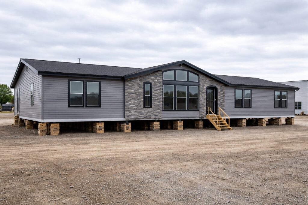 Modern gray manufactured home on a temporary foundation with large windows and a central entry door. Overcast sky creates a subdued atmosphere.