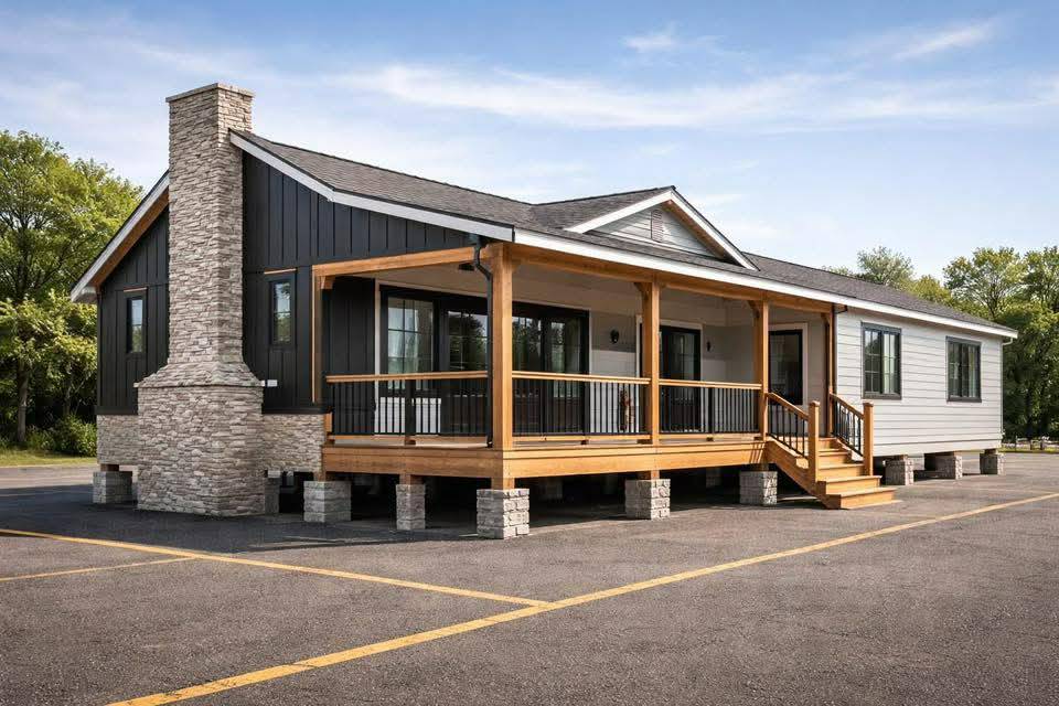 A modern modular home features a stone chimney, dark siding, and a wooden porch with steps. It's set in a paved area with trees in the background.