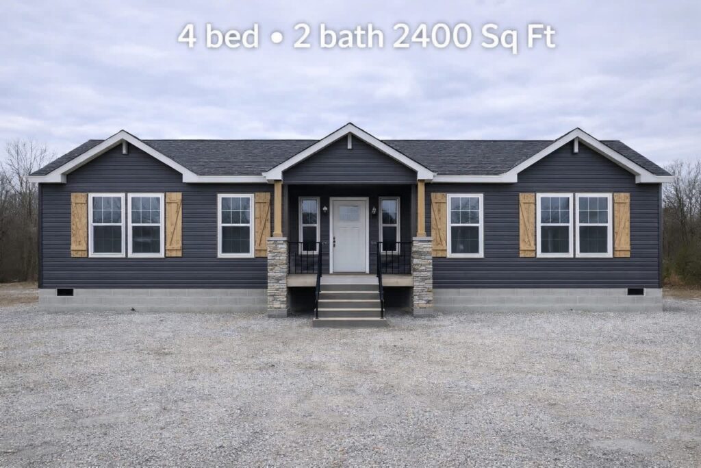 Single-story dark gray house with a central entrance and wooden shutters. Text above reads "4 bed • 2 bath 2400 Sq Ft." Overcast sky background.