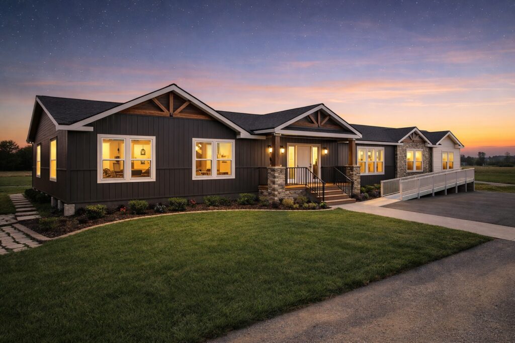 Single-story house at twilight with warm lights glowing from windows. Dark wooden siding, stone accents, and a ramp leading to a porch. Serene ambiance.