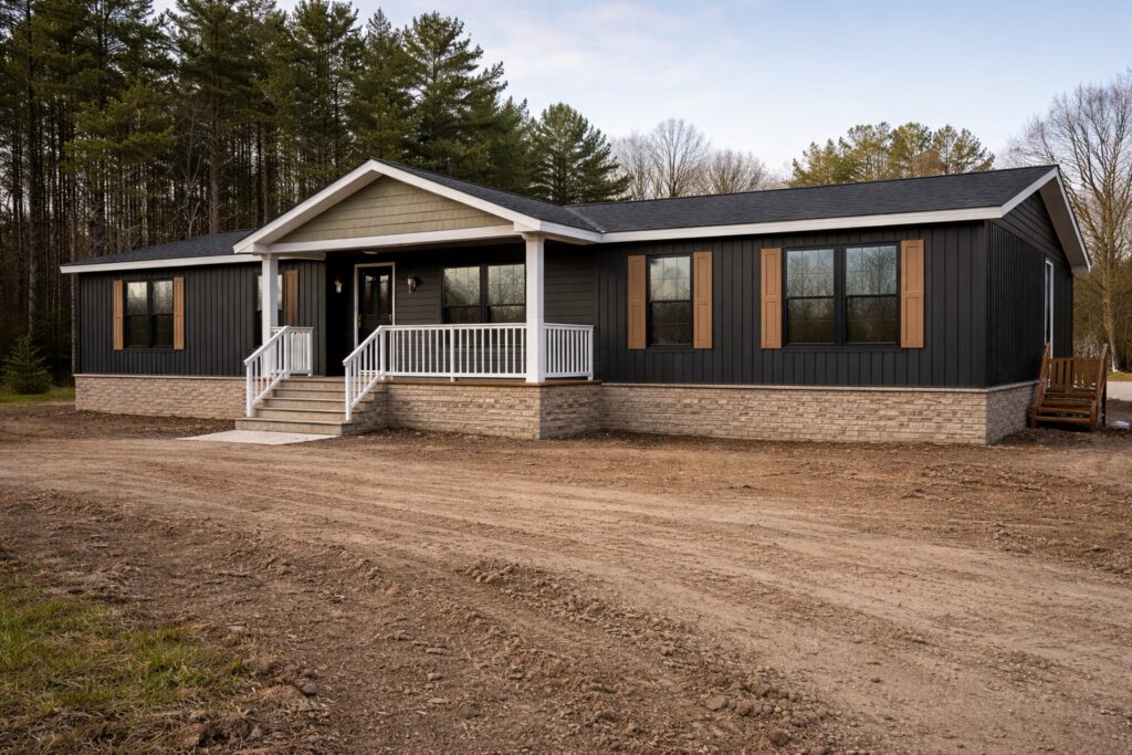 A modern, single-story house with dark siding and brick accents. It has a welcoming front porch with white railings, surrounded by trees and an unpaved yard.