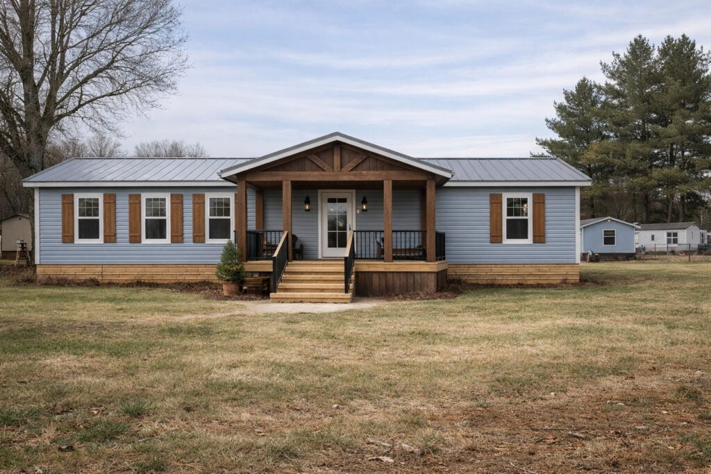 A blue ranch-style house with wooden shutters and porch railing, set against a cloudy sky. Surrounding the house is a grassy lawn and bare trees, creating a calm suburban atmosphere.