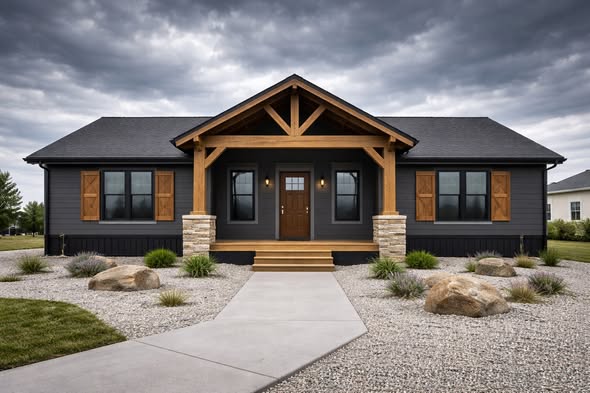 A modern ranch-style home with dark siding, wooden trim, and stone accents. The front yard features gravel landscaping and large rocks under a cloudy sky.