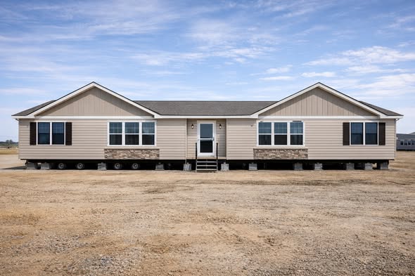 A beige modular home sits elevated on a dirt lot under a blue sky. The structure features a central door, large windows, and stone accents, exuding simplicity and functionality.