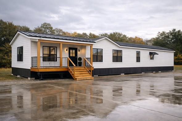 A modern white and black modular home with a wooden porch and steps, set on a wet concrete surface, surrounded by autumn trees under a cloudy sky.