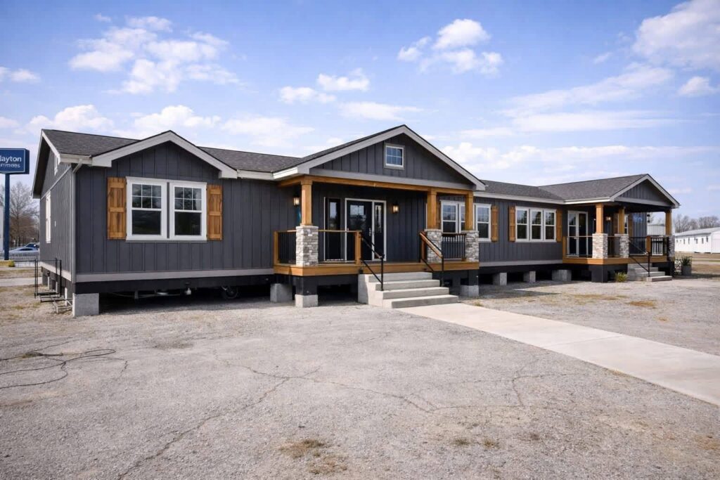 Large, modern manufactured home with dark siding and wood accents, set on concrete blocks. Front porch with steps, under a clear blue sky.