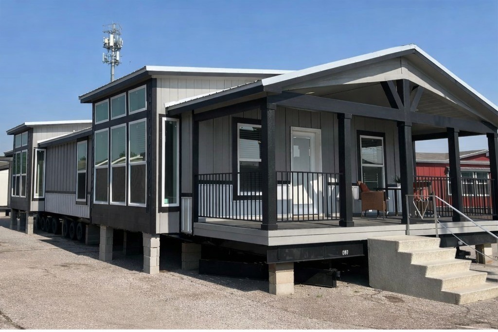 Modern gray and black manufactured home with large windows and a covered porch. Situated outside on a gravel lot, under a clear blue sky.