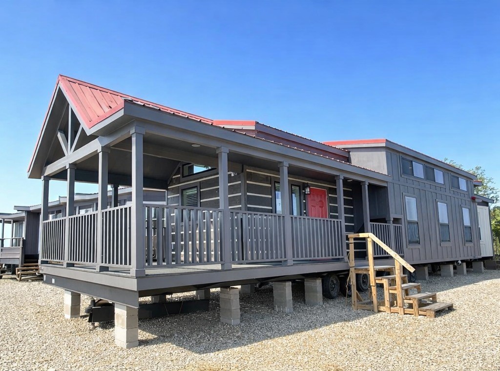 A modern tiny house on wheels with a red metal roof and gray siding. It features a spacious front porch with wooden railings and steps, set on a gravel lot under a clear blue sky.