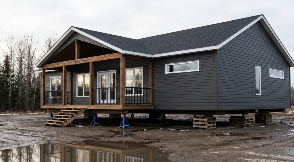 A modern, gray modular home is elevated on blocks amid a muddy landscape, reflecting in a water puddle. It conveys a rural, isolated setting.