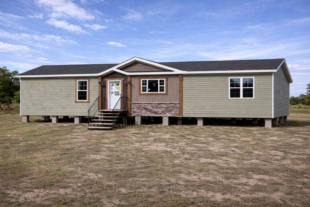 A single-story modular home with beige siding and a dark roof sits elevated on concrete blocks. It has a small front porch and is set against a blue sky.