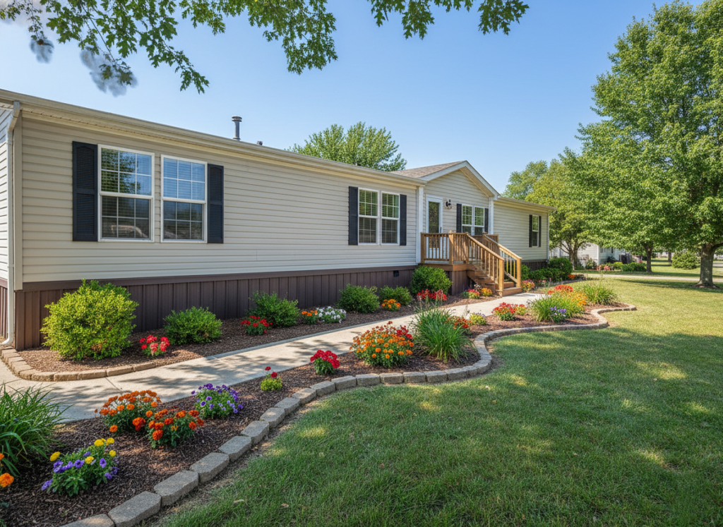 Single-story beige house with black shutters, surrounded by vibrant flowerbeds and lush greenery, on a sunny day. Paved walkway leads to steps.