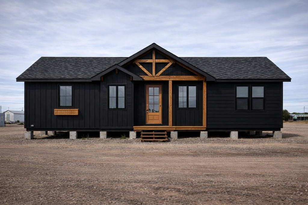 A modern black house with a gabled roof and wooden accents stands on a gravel lot. It has a centered door and several windows, conveying a rustic yet contemporary feel.