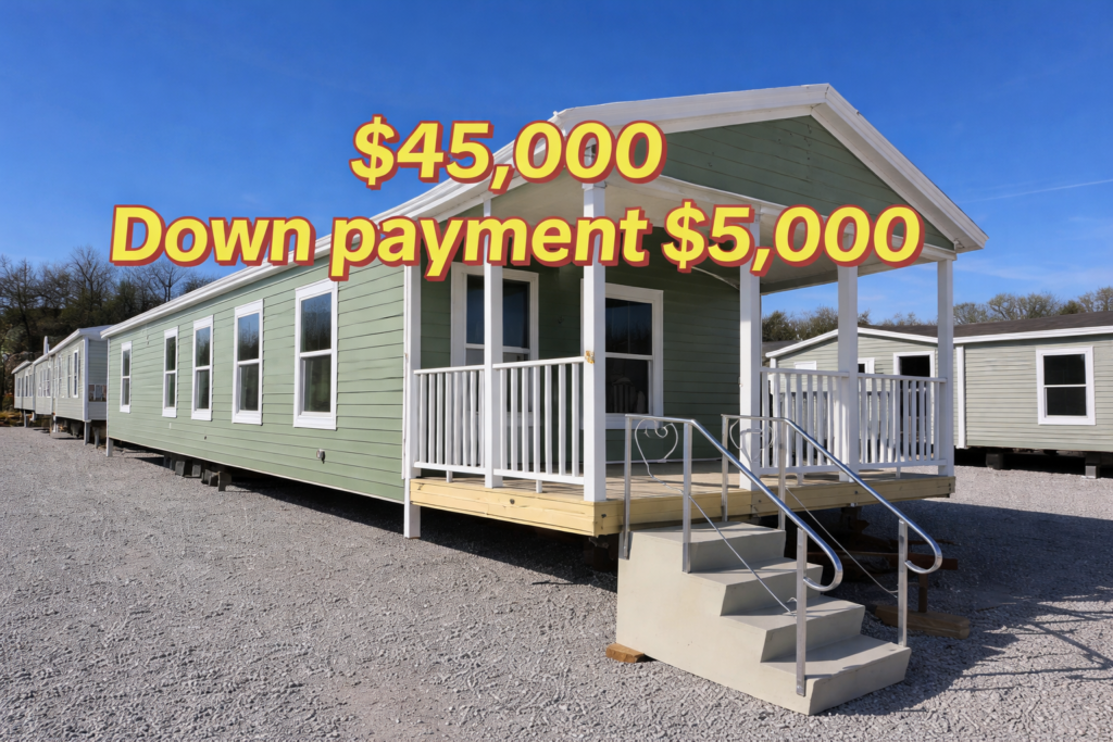 A light green manufactured home with white trim sits on a gravel lot under a clear blue sky. Overlaid text reads "$45,000. Down payment $5,000."