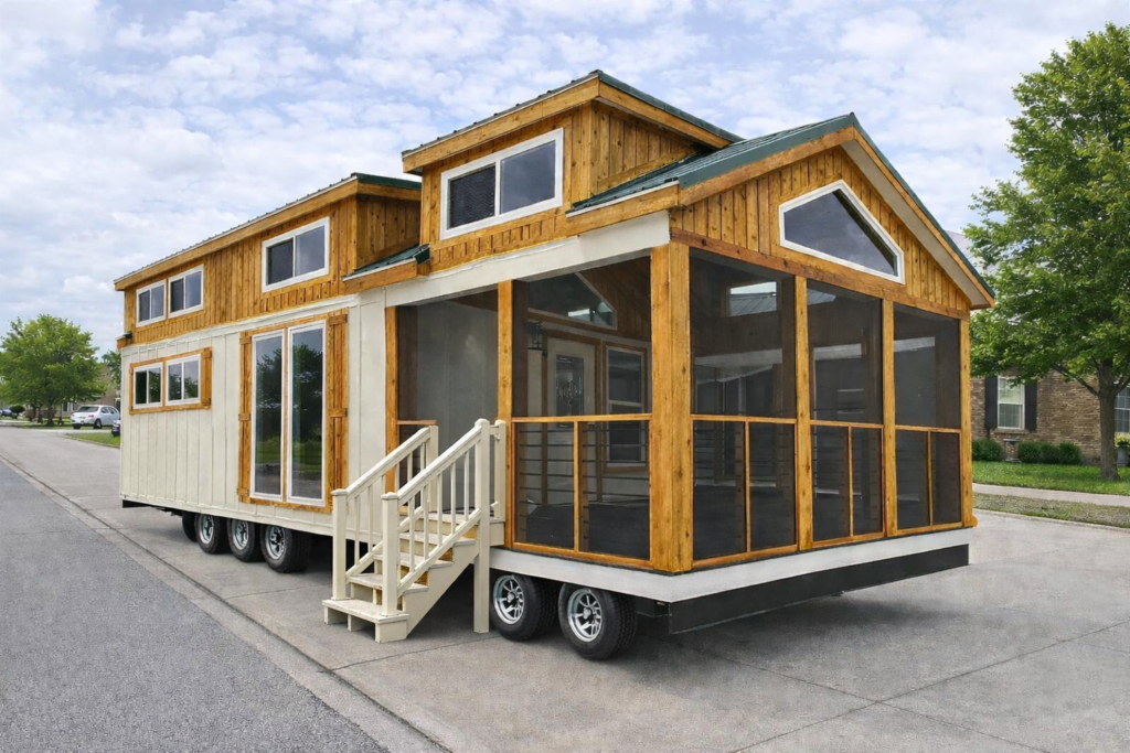 A cozy tiny house on wheels with wood paneling, large windows, and a screened porch. Set in a suburban neighborhood under a partly cloudy sky.