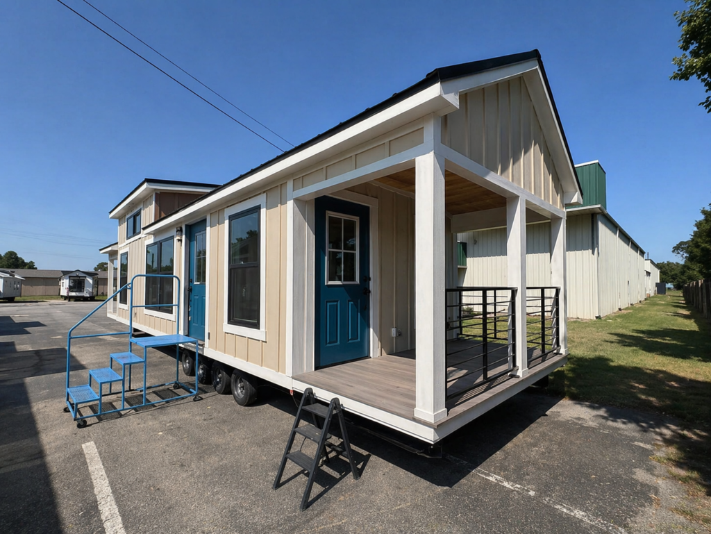 Tiny house on wheels with beige siding and blue door, featuring a small porch and blue metal steps. It sits in a sunlit parking area.