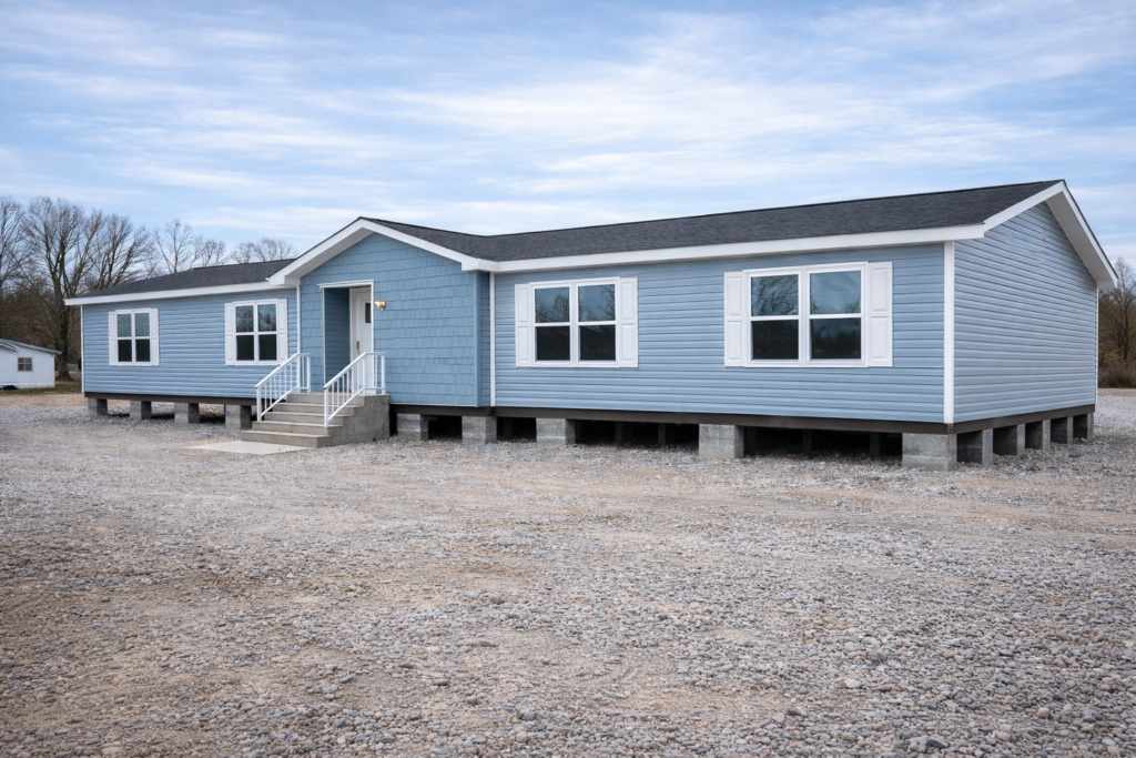 A light blue manufactured home with a gray roof is elevated on concrete blocks. It features white-trimmed windows and a small front porch with steps.