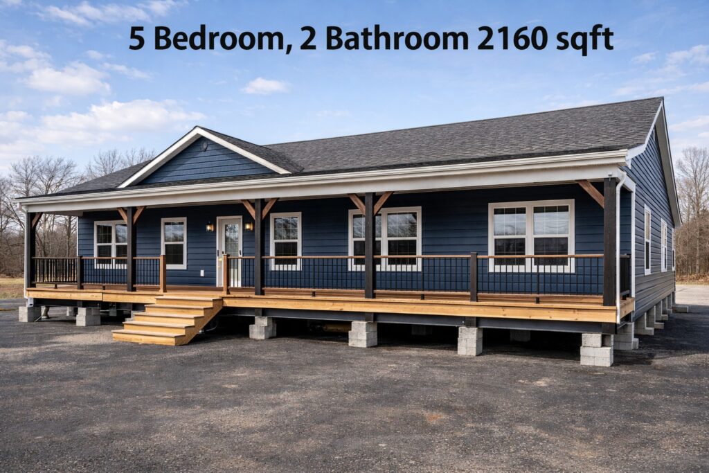 Large blue house with a wide wooden porch, railing, and stairs. The sky is clear, with a caption: "5 Bedroom, 2 Bathroom 2160 sqft."