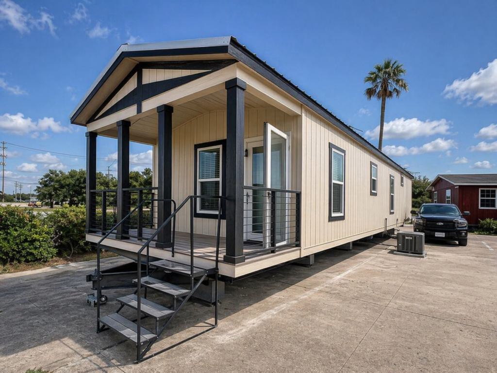 A modular home with a beige exterior and black trim sits on a concrete surface. Front steps lead to the porch; a palm tree and blue sky are in the background.
