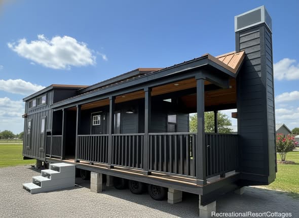 Modern black tiny home with a porch, set on wheels with a small staircase. It sits on a gravel driveway, surrounded by green grass under a clear blue sky.
