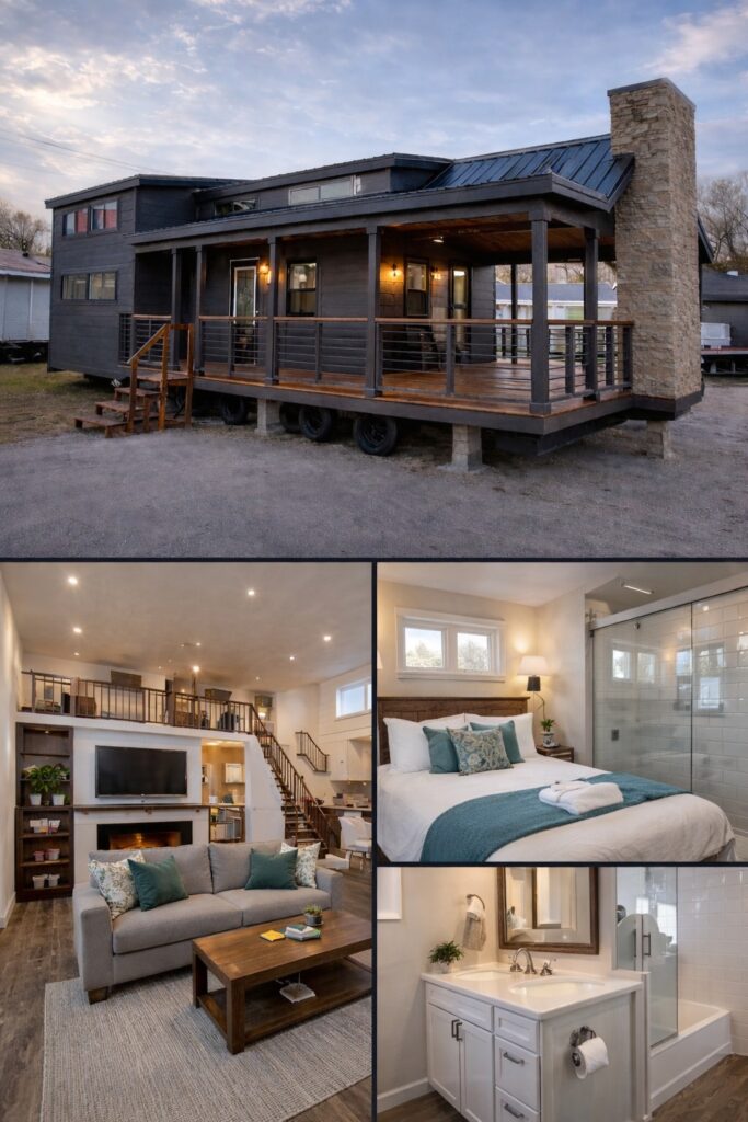 Collage of a modern tiny house: exterior shows a porch and stone chimney; interior images include a living room, cozy bedroom, and sleek bathroom.